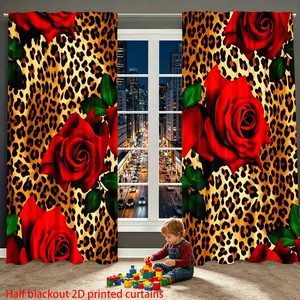 2 Piece Leopard Rose Print Curtains, Room Decor Curtain, Semi-Transparent Polyester Fabric, Rod Pocket Design, Suitable for Bedroom Living Room Dining Kitchen, Window Curtain