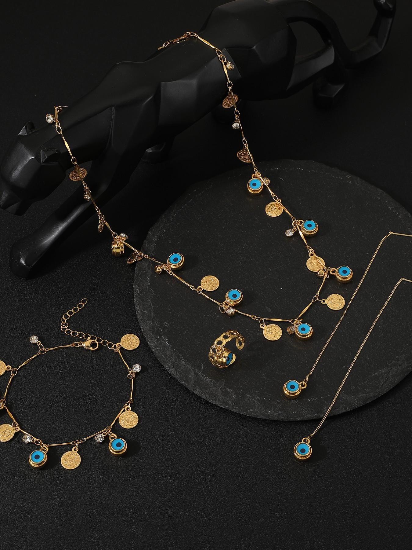 Unique Design Evil Eye Gold Coin Bell Jewelry Set, Bohemian Style Necklace Bracelet, Personalized Accessories, Four Pieces