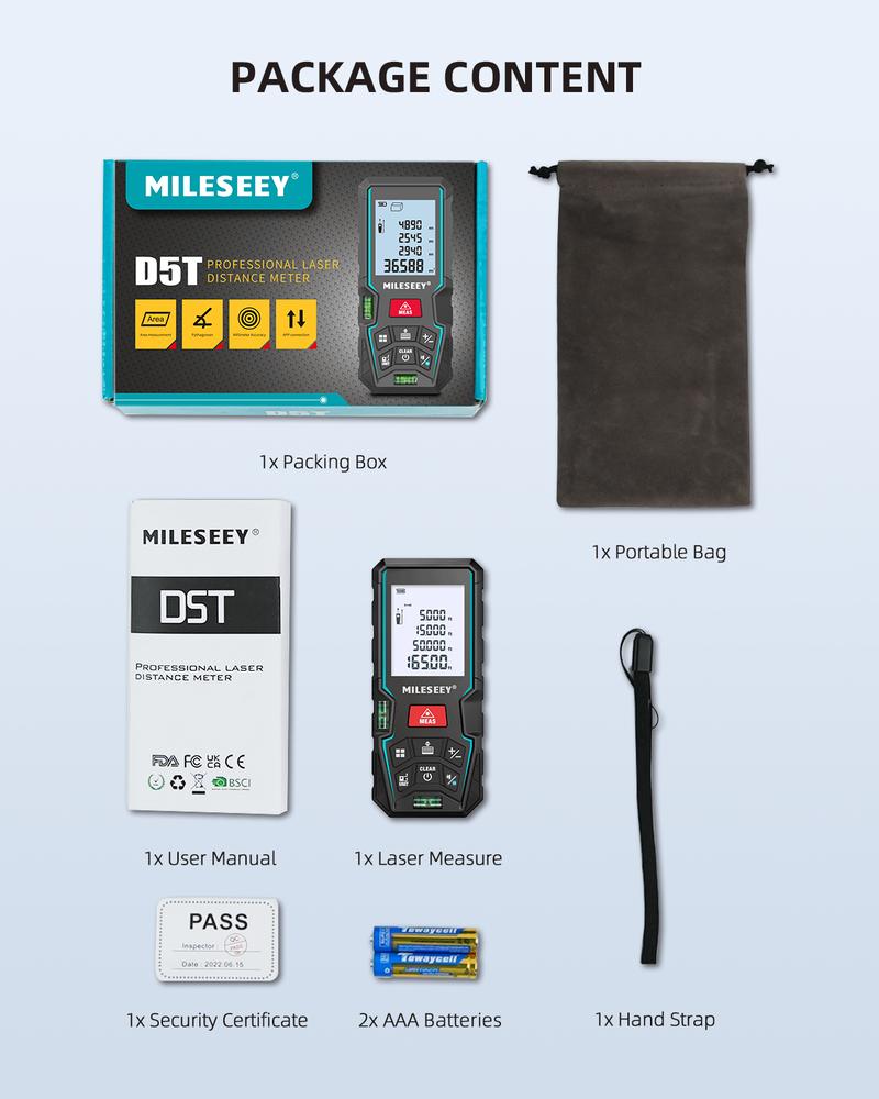 Mileseey D5T Laser Measure 165 Feet with 2 Bubble Levels ±1/16 inch Accuracy Unit Switching Backlit LCD Pythagorean Mode Supports Mobile App Laser Measurement Tool