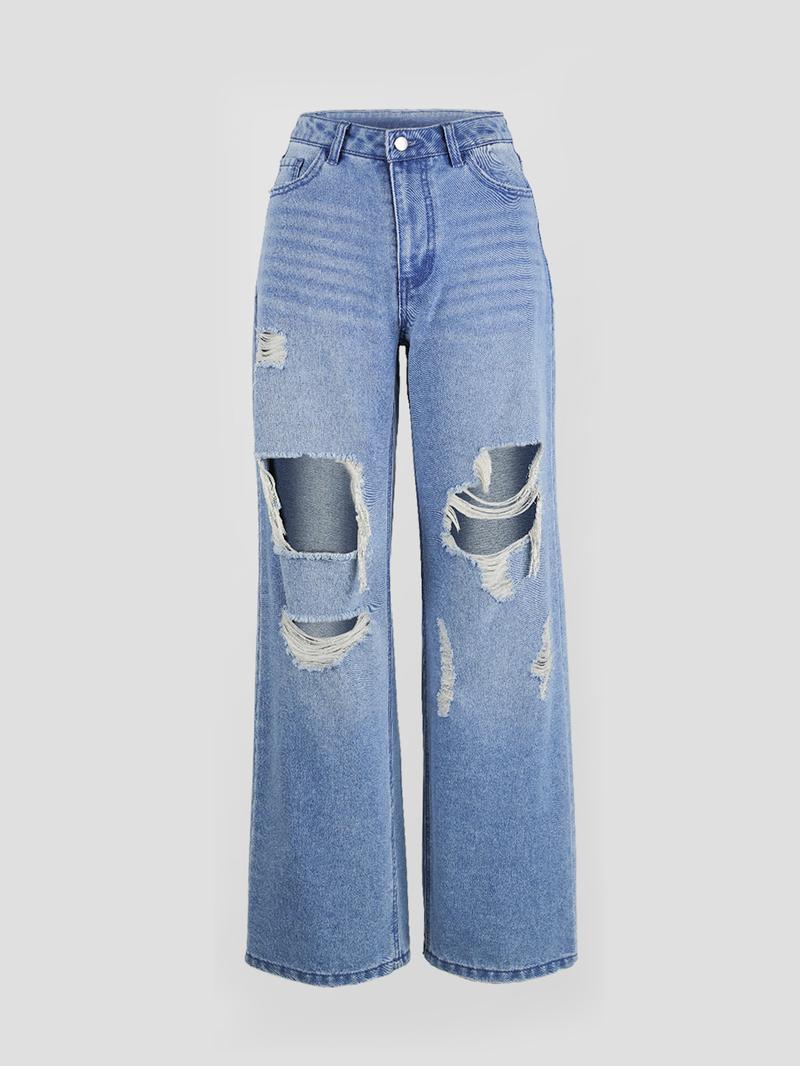 Women's High-Waisted Ripped Cut-Out Wide-Leg Jeans Pants, Casual Fitted Plain Design All-Season Wear, Comfortable Denim Style