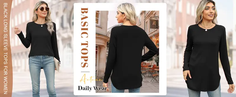 WIHOLL Women's Basic Minimalist Long Sleeve Round Neck Tunic Top - Lady's Spandex Shirt with Thumb Holes, Cuffed Sleeves, Curved Hem, Clothes for Women, Back to School Outfits to Wear with Leggings
