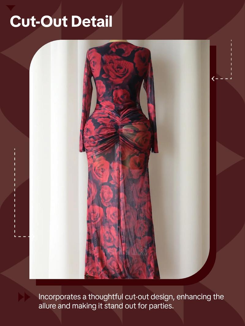 PULKRITU Women's All Over Print Cut Out Bodycon Dress, Fashion Casual Cocktail Party Dress for Daily Outdoor Wear, Women Dress for Autumn