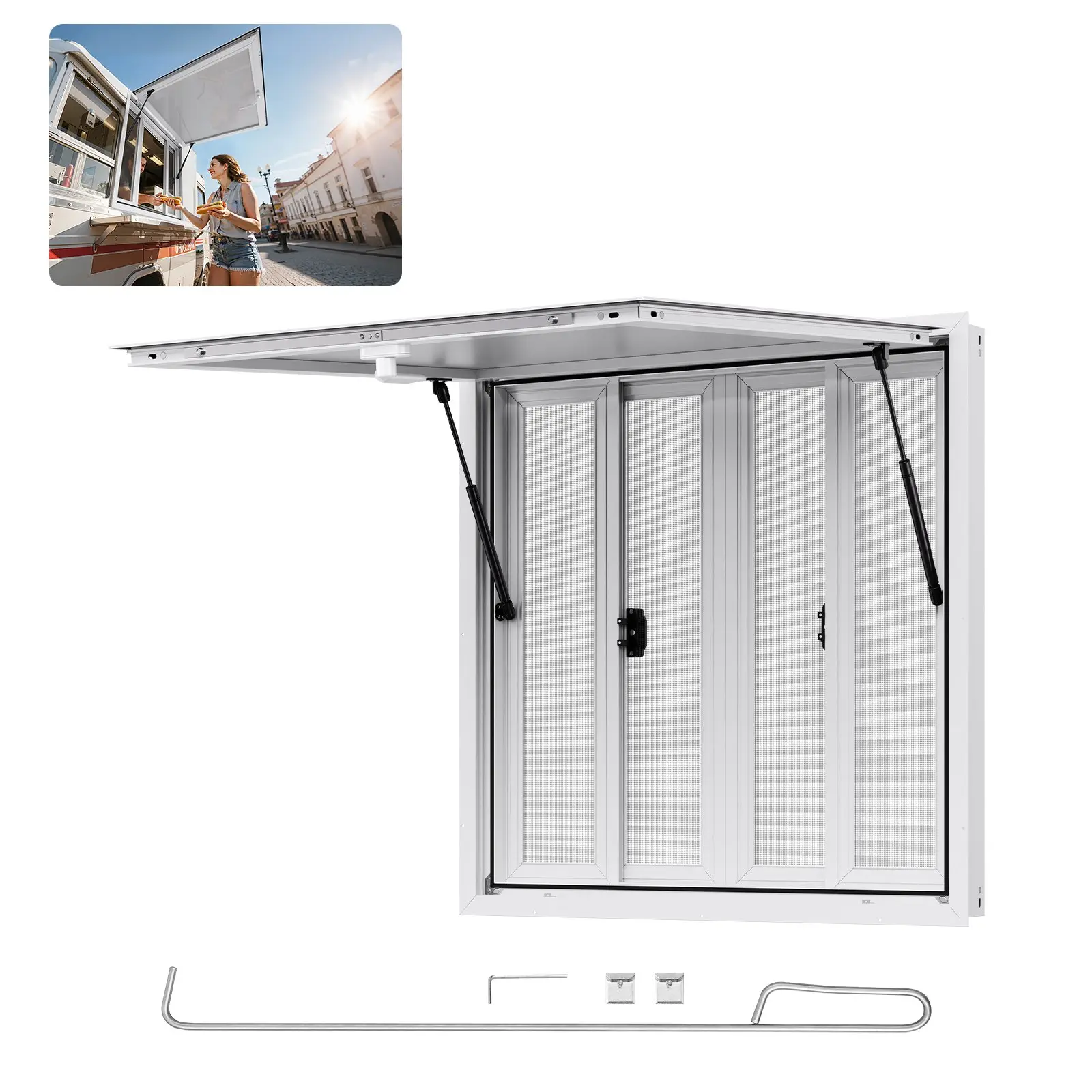 【DealsForYouDays】VEVOR Concession Window 36x36 in, Aluminum Alloy Service Window for Food Truck, Up to 85 Degrees Stand Serving Window with 4 Sliding Windows, Awning Door, and Drag Hook, for Concession Trailers