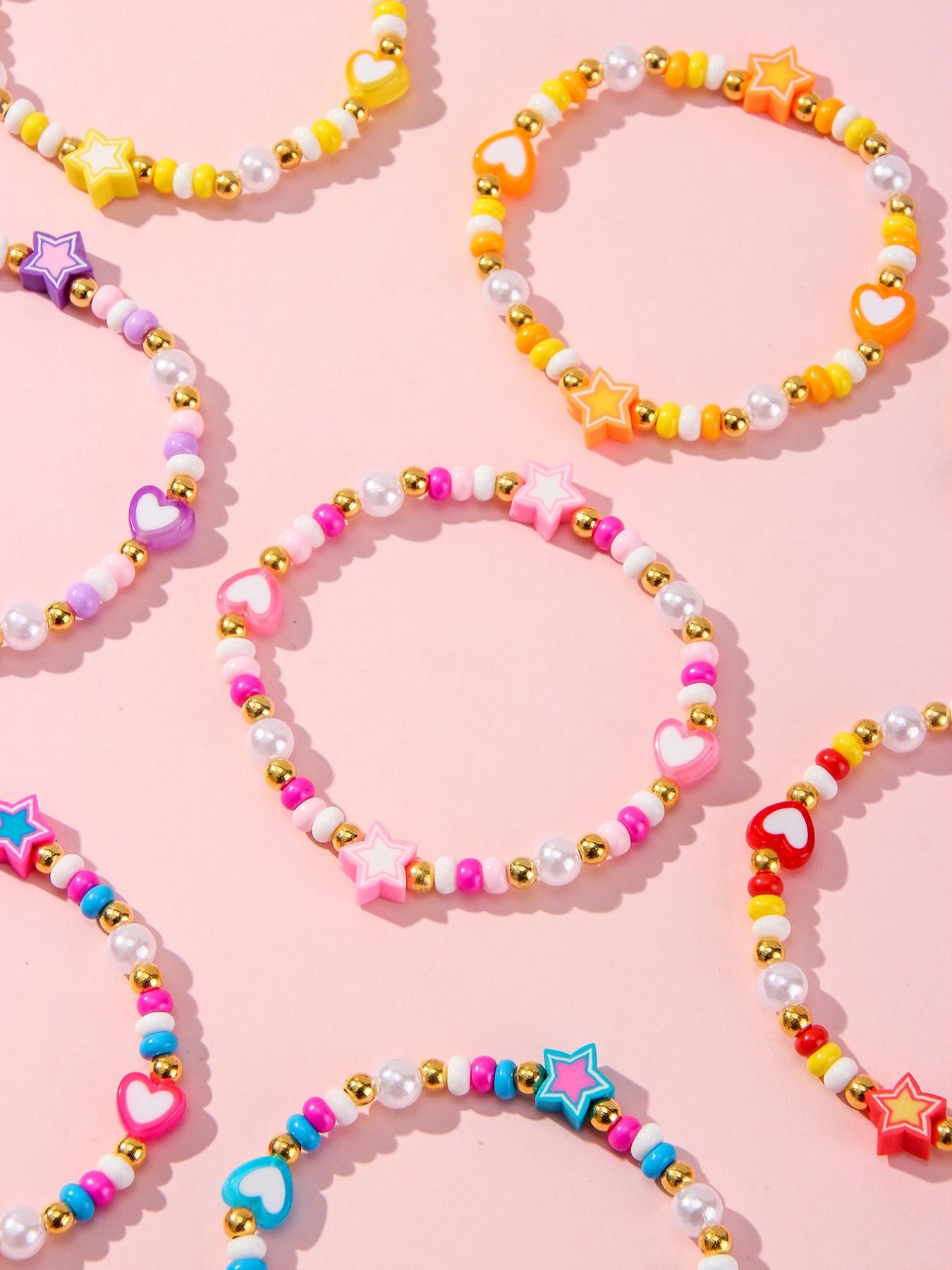 8pcs/set Multicolor Acrylic Heart Star Glass Pearl Beaded Bracelets, Girls' Party Gifts, All Seasons Fashion Accessories