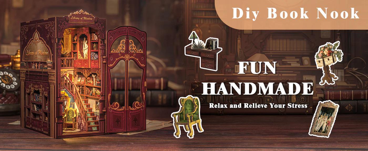 CUTEBEE Library of Wisdom DIY Miniature Book Nook with LED Lights Handmade Creative Toy Christmas & Black Friday Gift for Teens & Adults Home Shelf Decoration Dust Cover Model Boat Kit Miniature Set Building Blocks Set