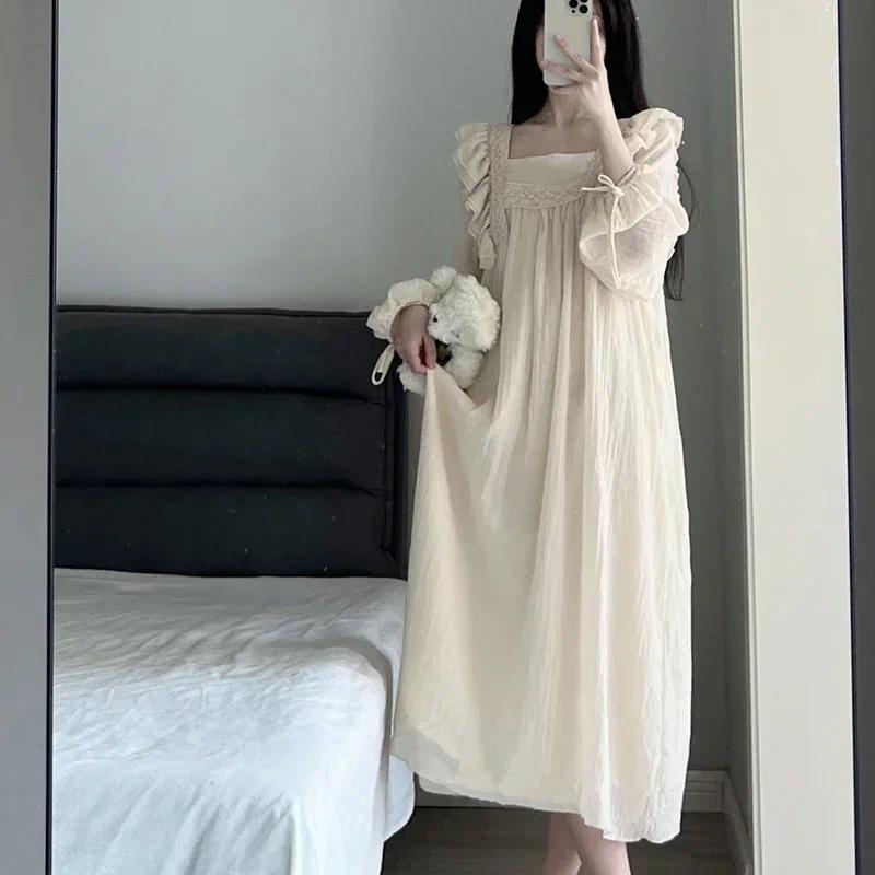 Ruffles Nightgown Sleepwear Women Korean Night Dress Solid Spring One Piece Pajamas Long Sleeve Square Collar Home Wear 2026 New