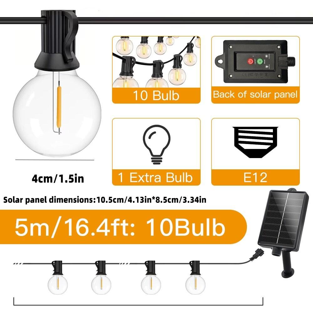 5m 10led Outdoor Solar String Lights, Warm, Adjustable 8 Light Modes, Waterproof, Camping, Decoration, Ambient Lighting