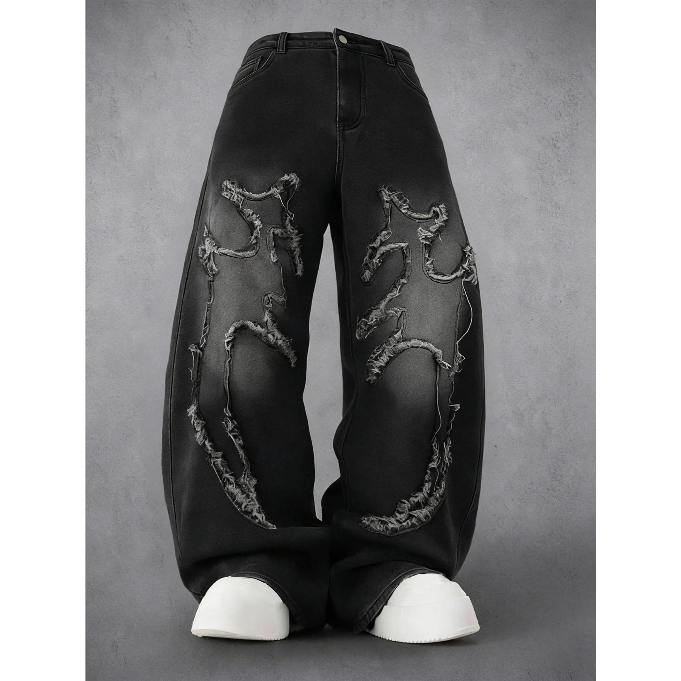 Men's Black Washed Star Frayed Patchwork Wide Leg Jeans Cotton Blend Baggy Denim Streetwear Pants