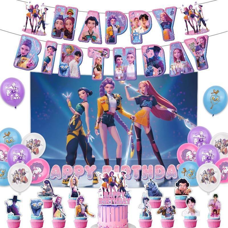 K-Pop Birthday Party Decoration Set - K-Pop Anime Girl - Inspired Background Banner, Balloon and Cake Top, Stickers | Cool K-Pop Theme Party Supplies for Fans, Children and Teenagers, Perfect Gift for K-Pop Hunter Enthusiasts, Mother's Day Gift
