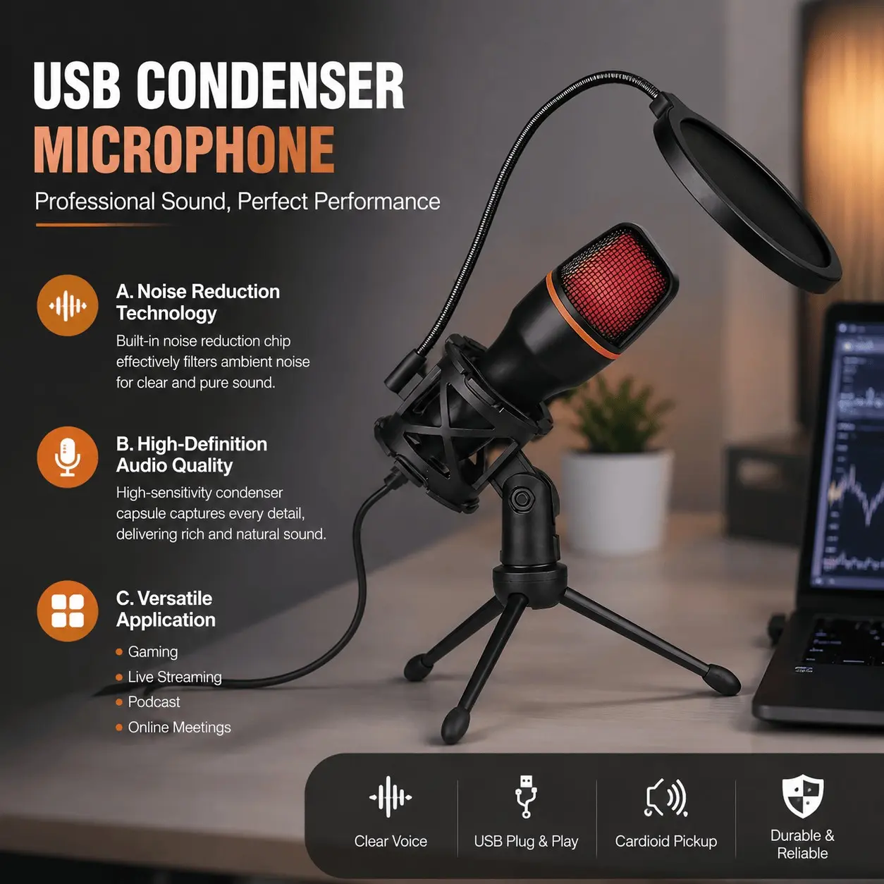 Professional RGB condenser microphone set, featuring noise cancellation and a tripod stand; ideal for gaming, live streaming, recording, online classes, interviews, and media recording; perfect for holiday gifts; suitable for desktop recording.