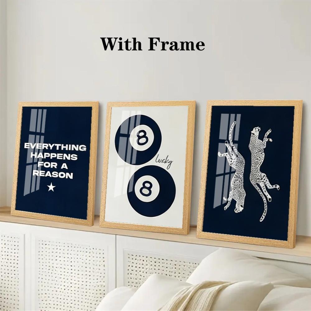 3-Piece Optional Wooden Frame Retro Navy Blue Leopard 8 Ball Animal Print Decor High Precision Color Micro-spray Moisture-proof Scratch-resistant Home Bar Living Room Decor
