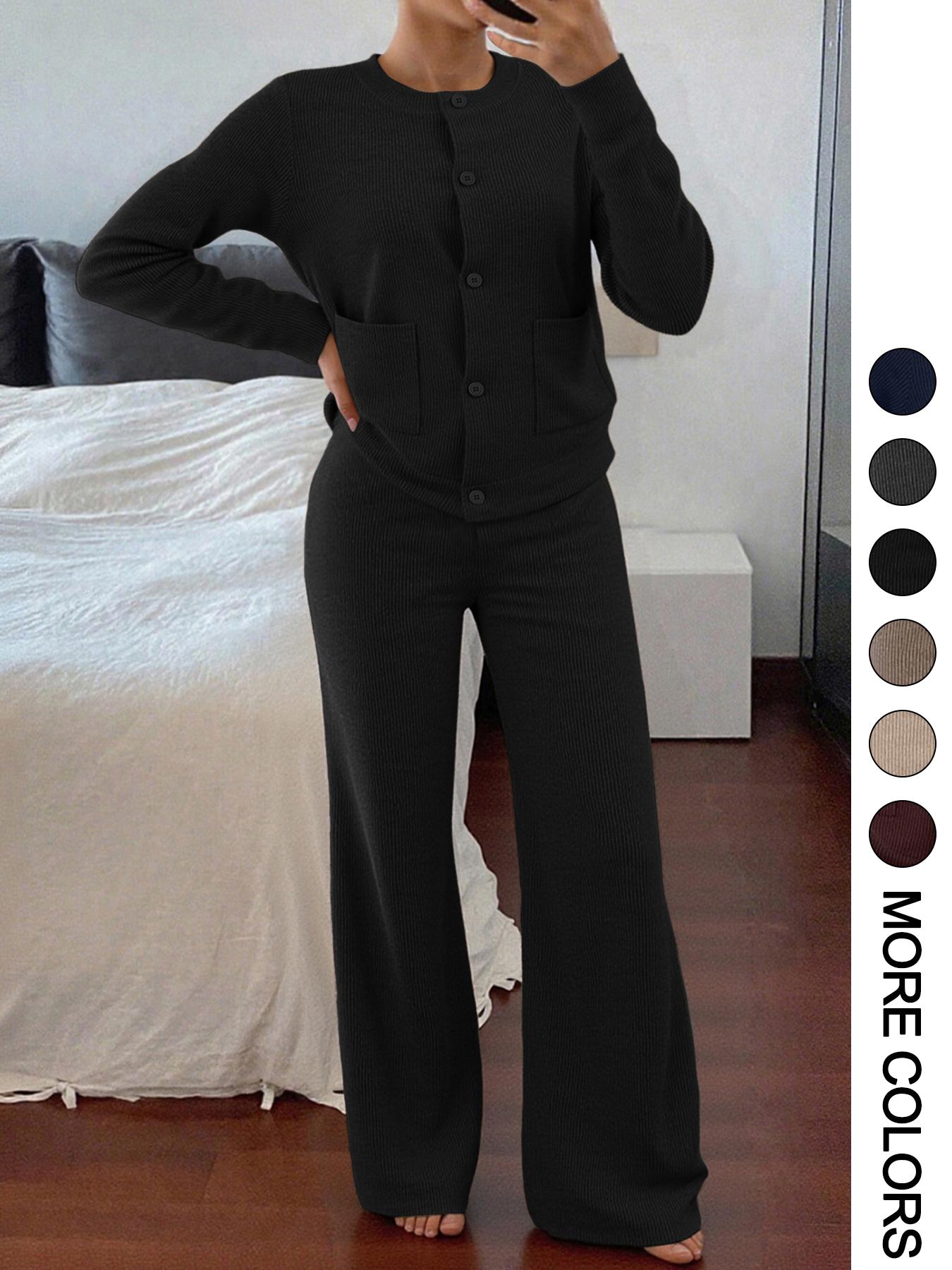 Women's Two-Piece Set, Clothes Set, Womenswear Comfortable Casual Fitted Round Neck Long Sleeve Knitted Sweater Set with Pockets, High Waist Versatile Wide Leg Pants, Perfect for Daily Wear