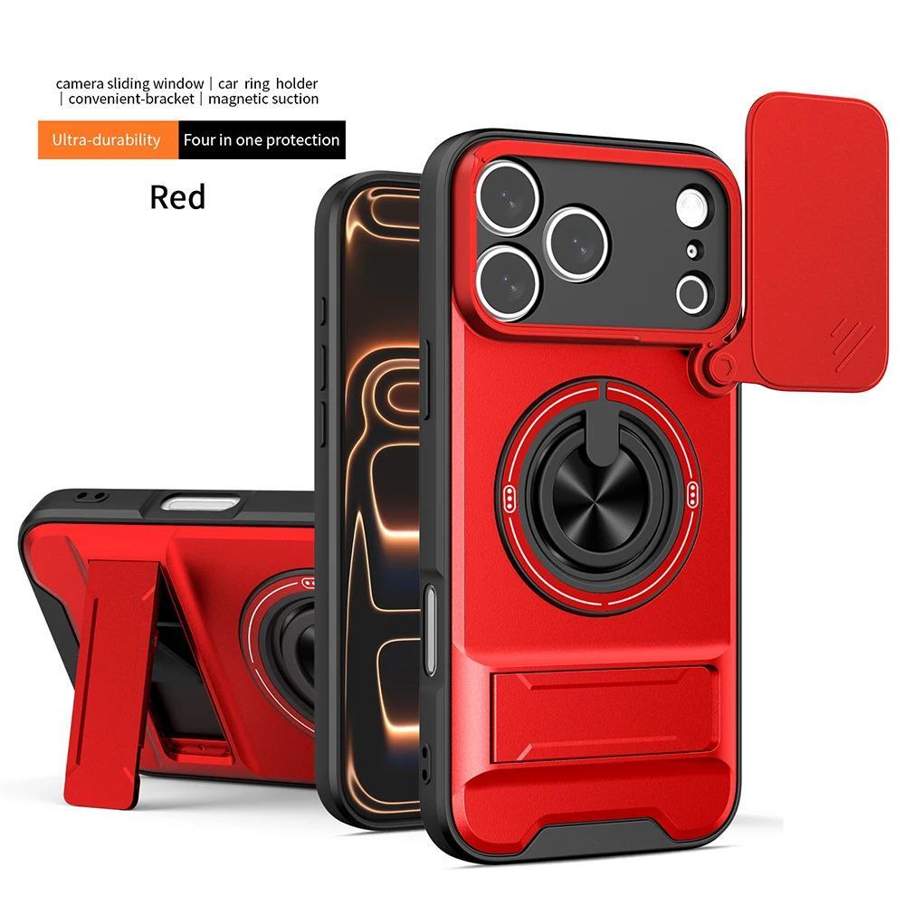 Phone Case: 3pcs Set[1 Phone Case+2 Screen Protectors] Luxury Multi-Functional Creative Push Window Rotating Ring Stand Phone Case Compatible with iPhone 17 16 15 14 13 12 11 Pro Max Plus Durable Fashion Magnetic Wireless Charging Shockproof Lens