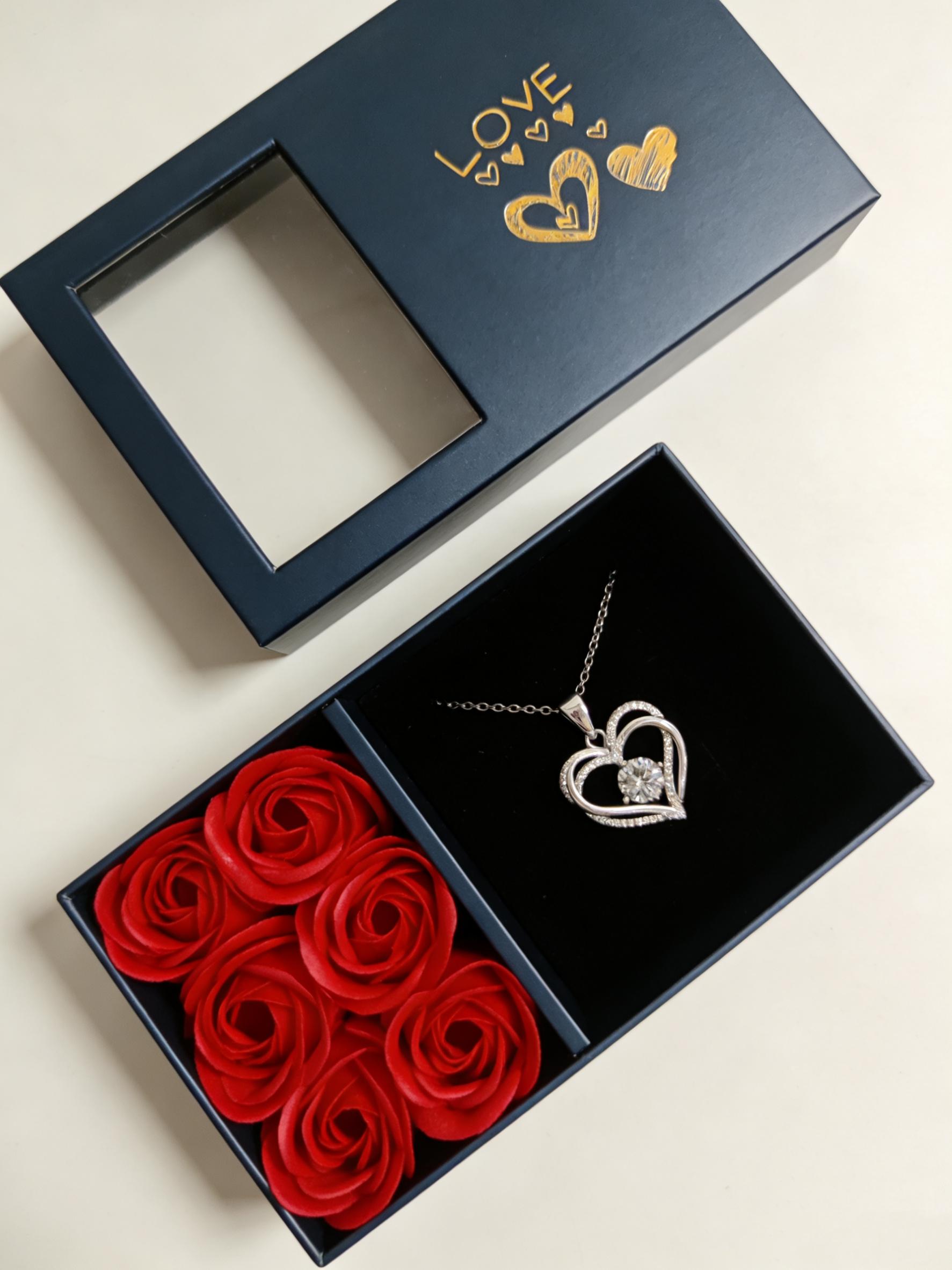 Heart Necklace Fashionable High-End Qixi Valentine's Day Gift, 6 Rose Flower Box, Elegant Jewelry Present for Her