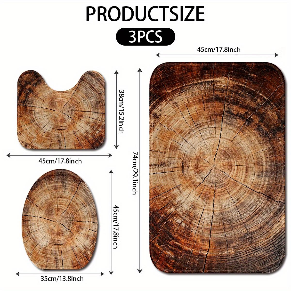 3pcs Bathroom Anti Slip Pad Set, Brown Tree Stump Annual Ring Print, Soft Flannel, Non Slip Bathroom Mat, U-Shaped Toilet Mat, Toilet Lid Mat, Bath Mat Rug, Fashionable Modern Design, Versatile Home Decor, Bathroom Decor/Accessories