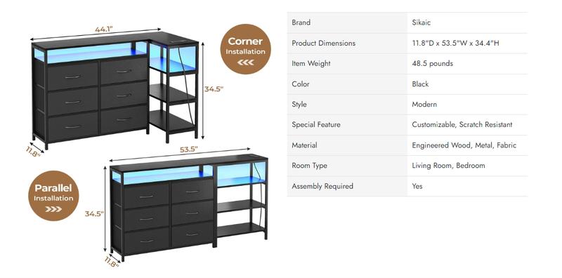 Sikaic Corner L Shaped LED TV Stand Convertible Dresser with Charging Station and Open Shelf & PU Finish Drawers for Living Room Apartment Furniture Home