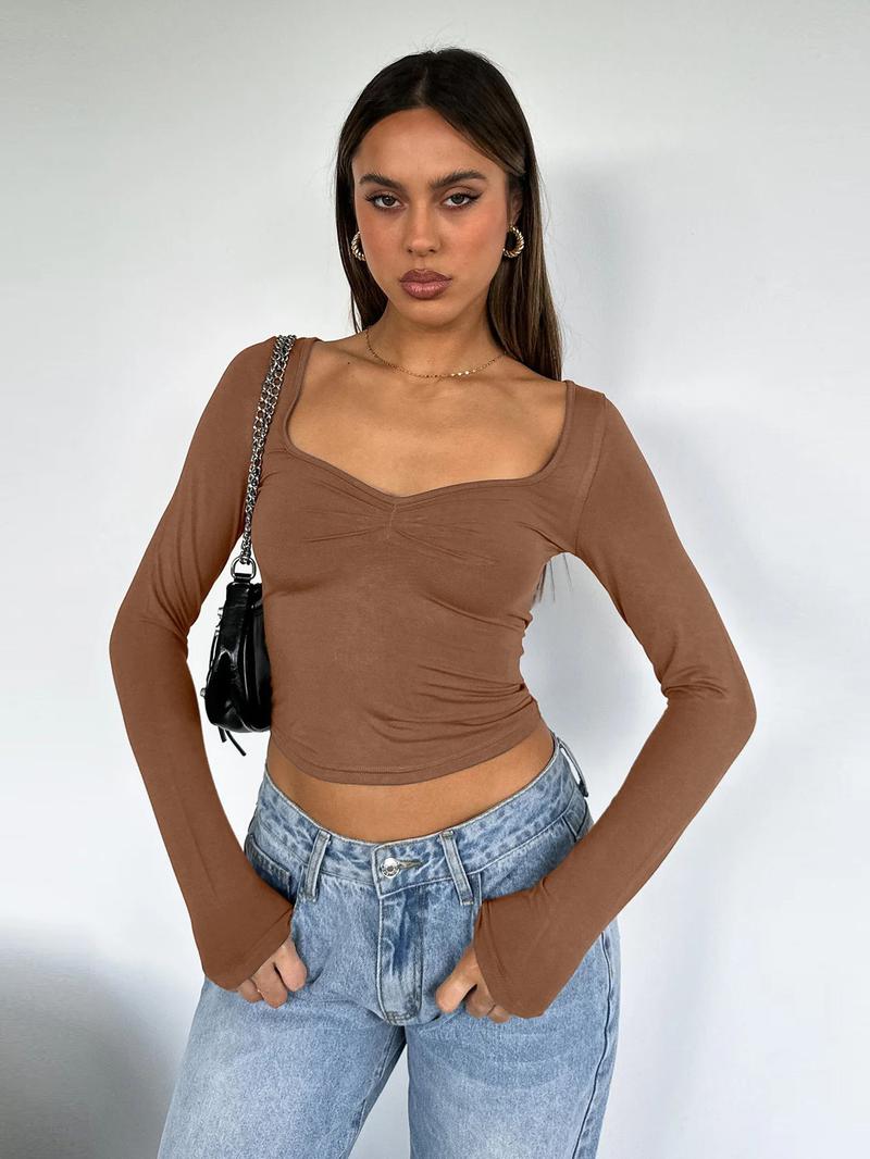 Women's Y2K Design Slim Fit Long Sleeve Crop Top Sweetheart Neck Ruched Elastic Soft T-Shirt for Daily Wear Streetwear & Party Outfits Fashion Tshirts