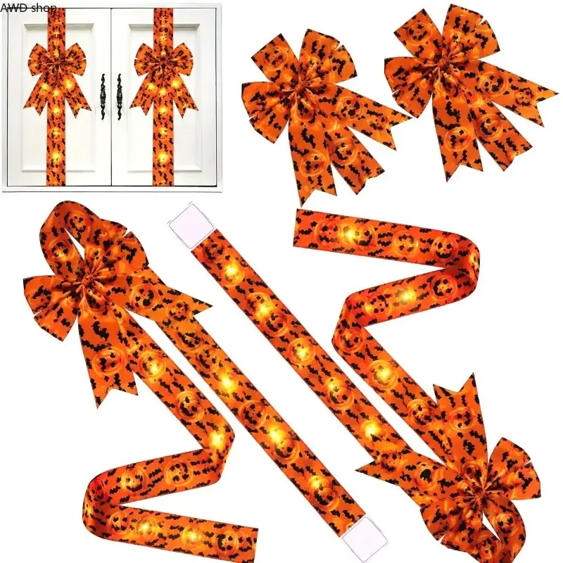 Halloween Large Lime Red Fringe Bow Wreath, 79 x 2.4 Inches Polyester Cabinet Door Hanging Decor, Battery-Free Festive Ornament, Spooky Holiday Accessory for Indoor Home & Front Door Halloween Party Decoration