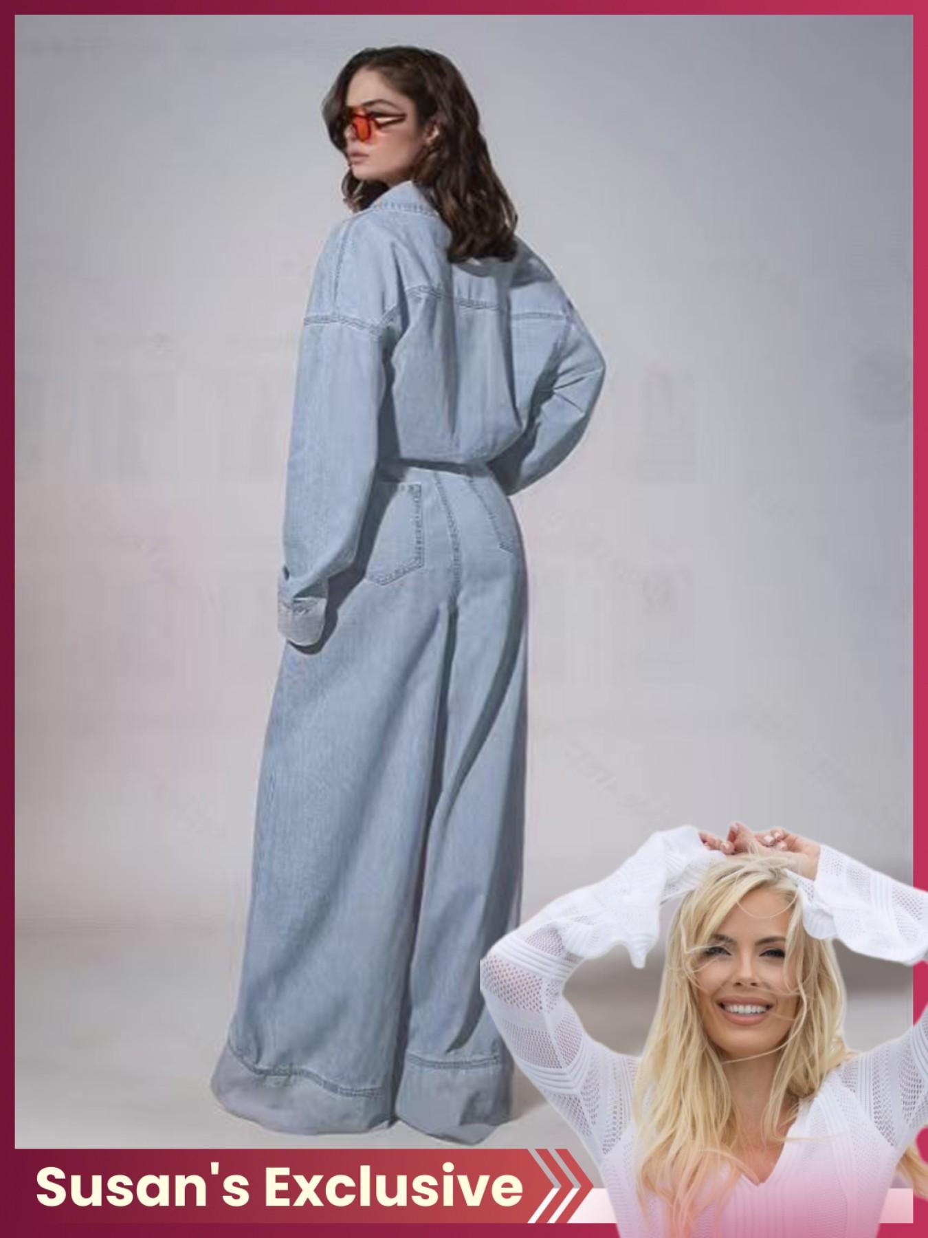Women's Casual Long Sleeve Washed Denim Jumpsuit Overalls, Wide Leg Long Pants (no Belt Included), Susan's Exclusive Style, Comfortable and Stylish