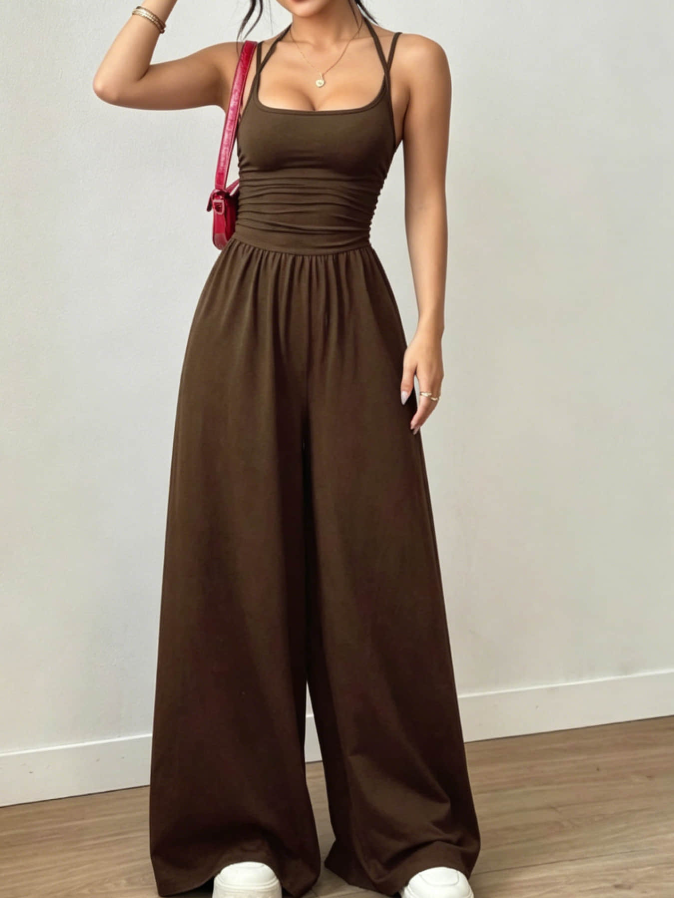 Summer New Fashion Women's Wear Design Double Fine Shoulder Strap One-Piece Wide Leg, Pleated Waist Design, Suitable for Commuting, Daily Wear, Vacation, Home, and Outdoor Adventures