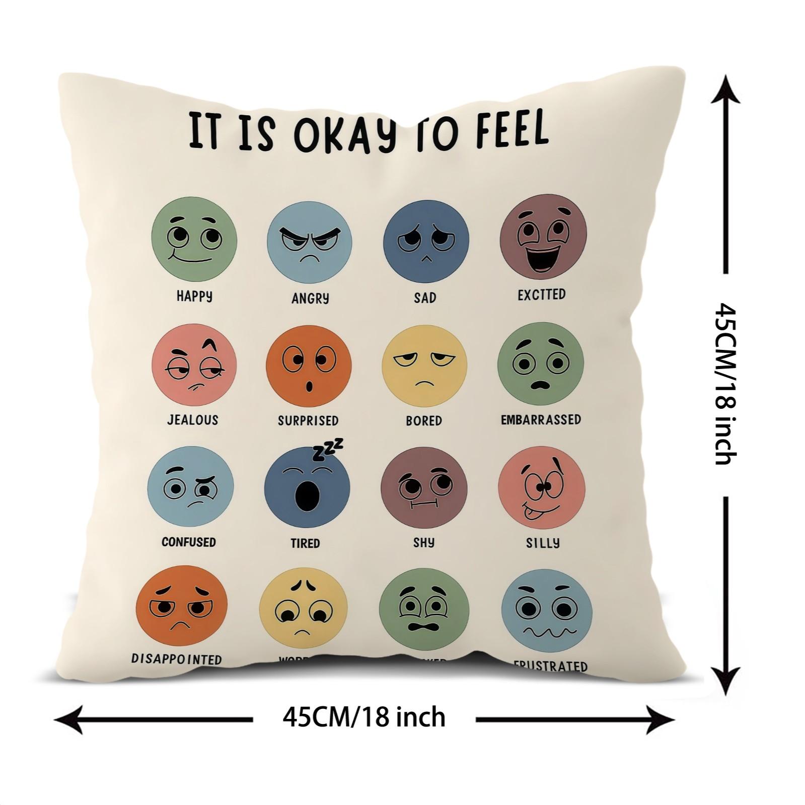 18 Inch It Is Okay to Feel Emotion Pillow Cover, Mental Health Awareness Emoji Throw Pillowcase, Dual Color Soft Cushion Cover for Sofa Couch Bedroom, Ideal Gift for Anxiety Relief & Self Care