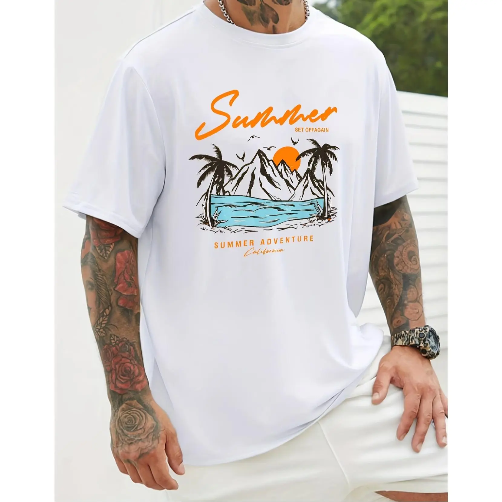 Summer Palm Tree Mountain Sunset Graphic Oversized Comfort Cotton Crewneck Tee, California Beach Vintage Fashion Daily Outfit, Ideal Valentine & Summer Holiday Gift for Boyfriend & Friends