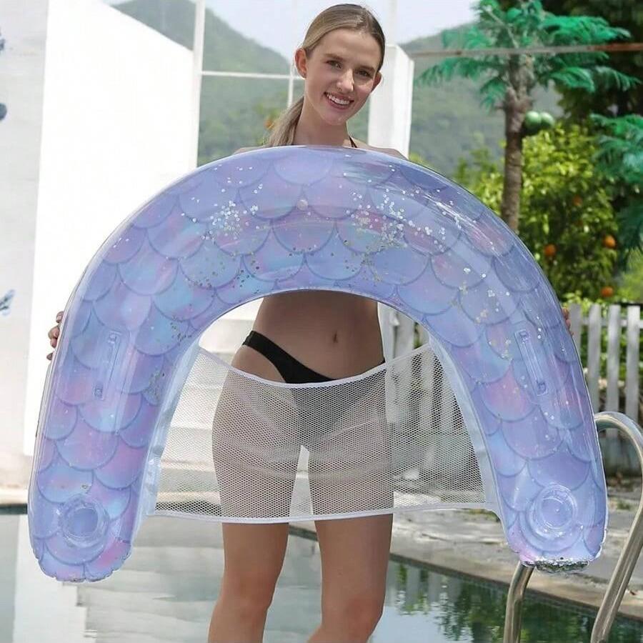 Inflatable Water Hammock, Fish Scale Glitter Floating Chair, Foldable U-Shaped Water Bed, Comfortable Lounge Float for Pool & Beach