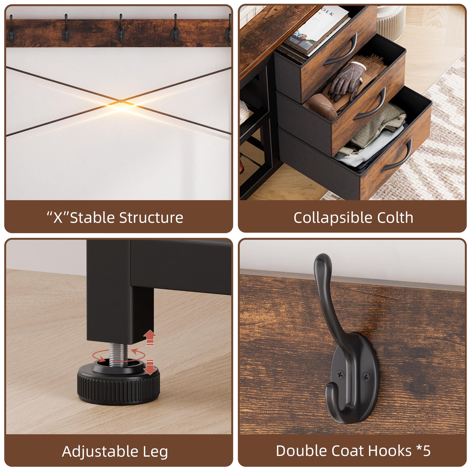 Aowos Hall Tree with Bench and Shoe Storage, 31”/39” Freestanding Entryway Storage Cabinet, 5-in-1 Coat Rack and Shoe Bench with Wall Organizer, 17 Hooks, Drawers and Shelves, Space-Saving Hall Tree for Entryway, Hallway, Foyer