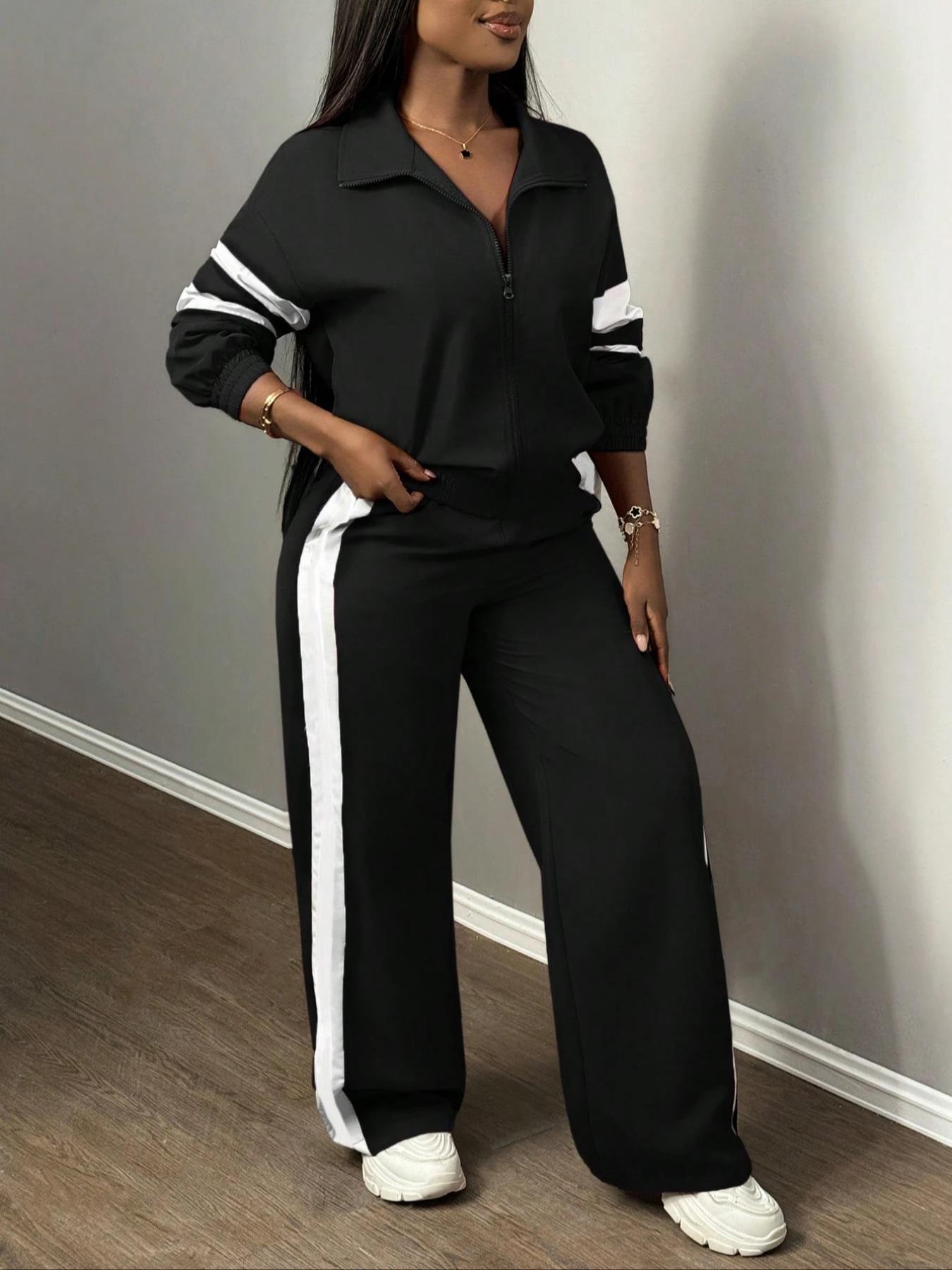 Women's Zipper Jacket & Striped Wide-Leg Pants Set, Fitted Streetwear & Casual, Two-Piece Suit for Daily Wear, Airport Outfit