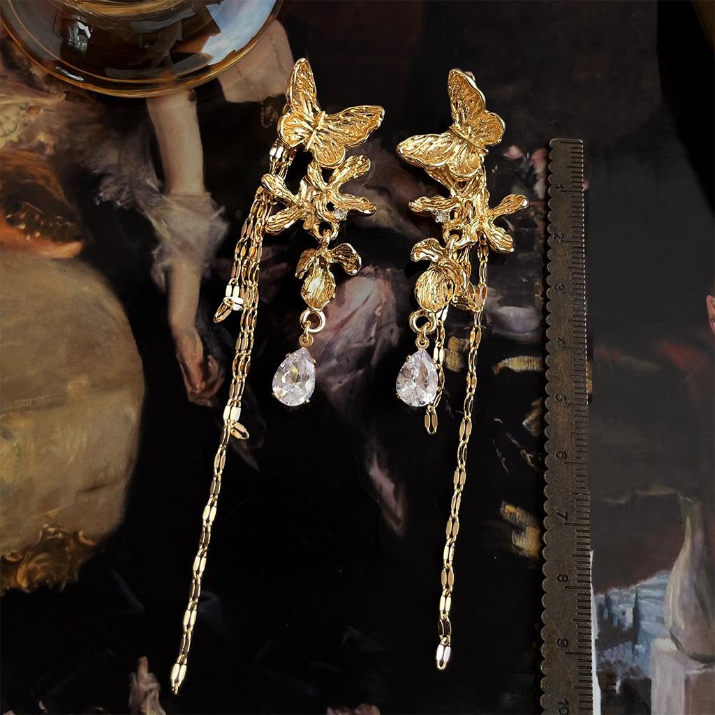 Butterfly Motif Earrings with Cubic Zirconia, Elegant Long Tassel Design, Perfect for Parties and Everyday Wear, Light-Luxury Style Jewelry