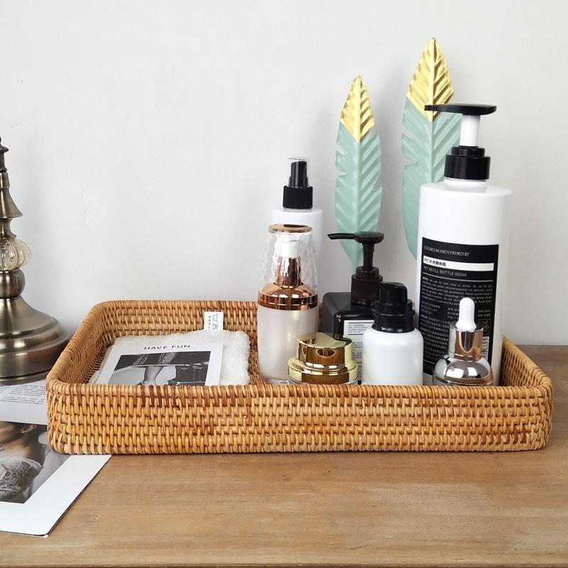 Woven Storage Basket, Bamboo Bread Fruit Snack Nuts Sundries Key, Rectangular Serving Tray for Home Living Room Coffee Shop