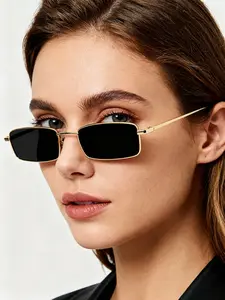 Fashion Vintage Thin Frame Small Square Sunglasses, Metal Frame, Unisex Outdoor Vacation Travel Party Music Festival Daily Wear, Trendy Shades