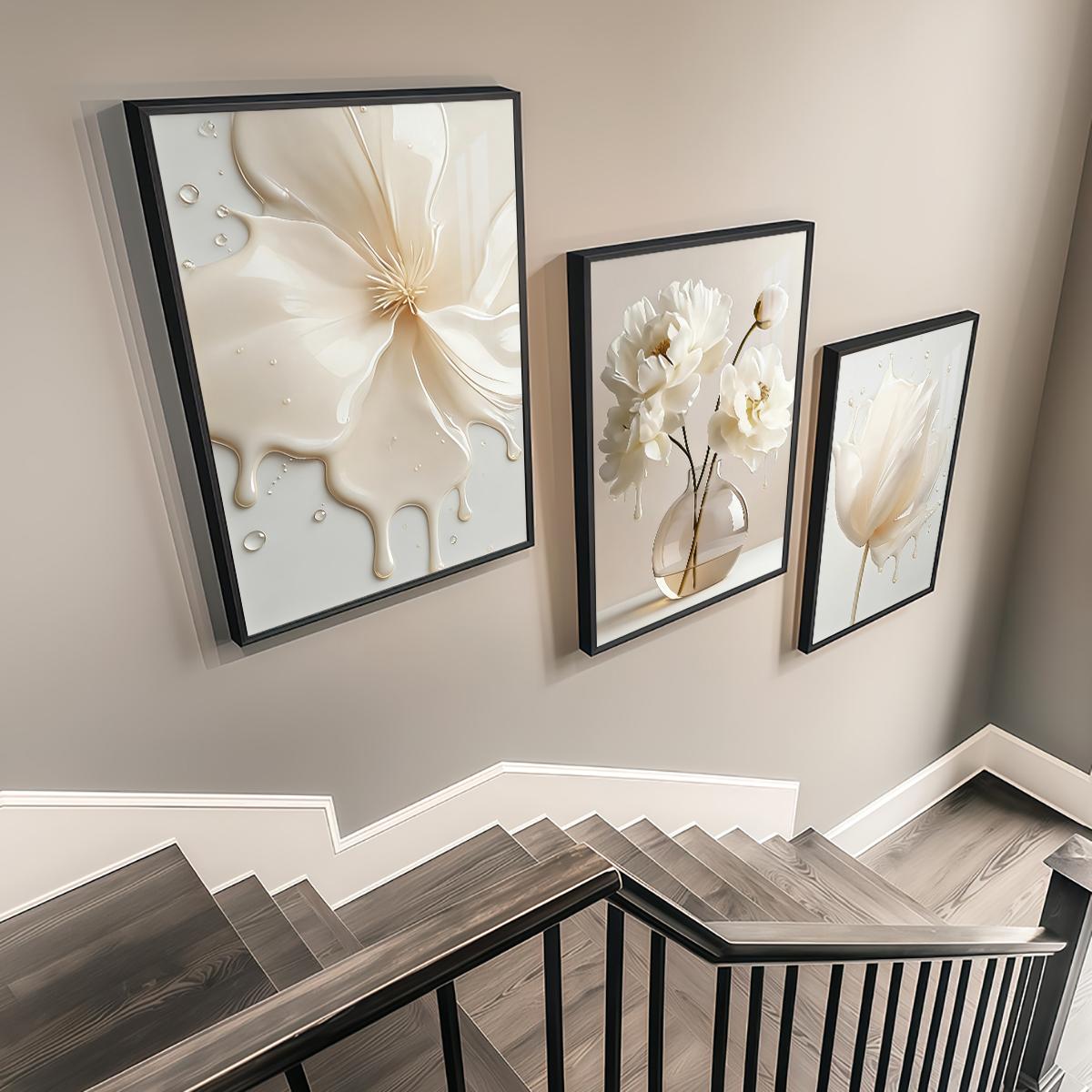 3 Counts Aluminum Alloy Framed Painting, Elegant White Liquid Floral Art Pictures, Home Decoration For Living Room, Bedroom, Office, Restaurant, Hallway Wall Decor, Odorless Print Artwork, Luxury Perfect Gift For Friends And Family