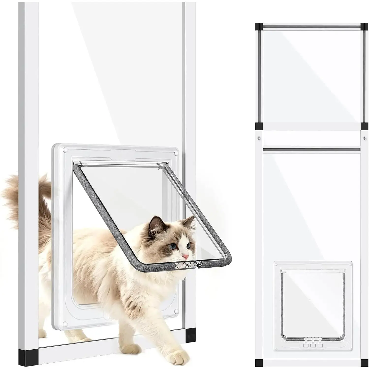 Vertical Cat Window Insert Door, 41"-62" Adjustable Height, 1-Min Install, 4 Locking Modes, Aluminum Frame, HD Glass, Magnetic Close, Weatherproof Pet Accessory for Cats (Aluminum & HD)