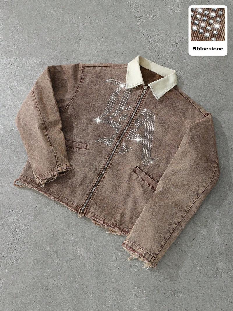 Dark Denim Jacket with Diamonds and 'la' Logo, Vintage Corduroy Collar and Frayed Design, Stylish Zippered Fit for Casual Outings