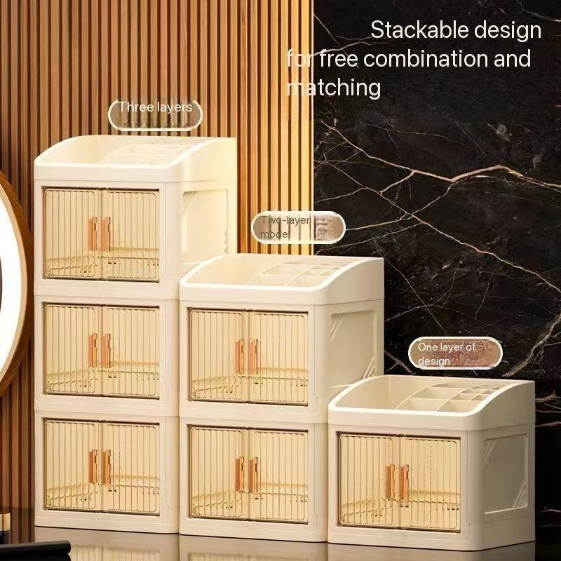 Transparent Foldable Cosmetic Storage Box, Multi-Layer Dual Door Desktop Dustproof Skincare Organizer, Desk Makeup Container, Makeup Tool Organizer, Beauty Organizer, Organizing Tool, Storage Organizer, Dustproof Makeup Organiser