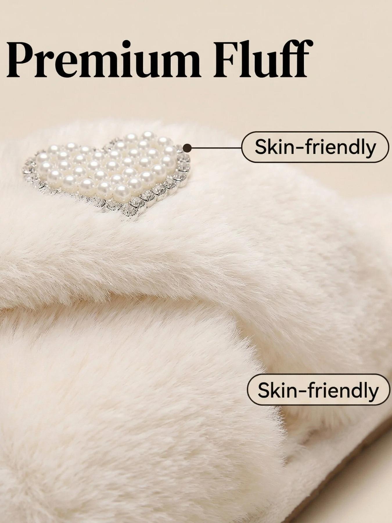 Customizable Wedding Slippers for Bride and Bridesmaids, Elegant X-Strap Fuzzy House Slippers with Pearls and Rhinestones, Casual Indoor Shoes
