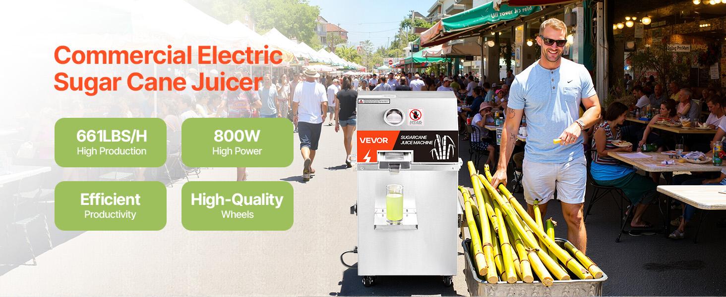 VEVOR Commercial Sugar Cane Juicer, 800W Electric Sugarcane Juicer Machine with 661LBS/H High Output, 3 Stainless Steel Rollers, Sugar Cane Press Juice Extractor Squeezer on Wheels for Home/Commercial