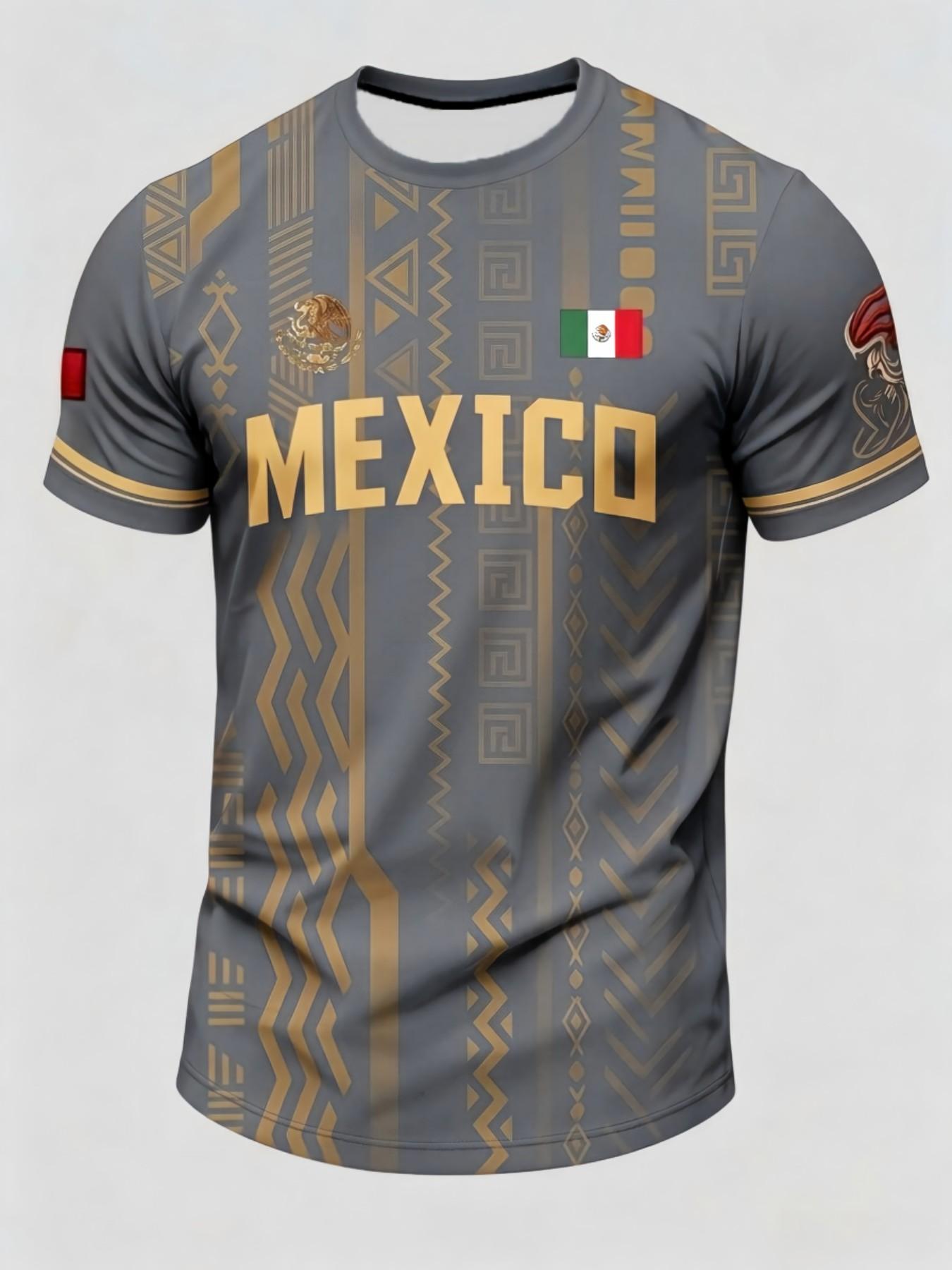 Men's Summer Short Sleeve T-Shirt, Mexican Tourism Cultural Souvenir, Dark Pattern Round Neck, Outdoor Casual Fashion Print