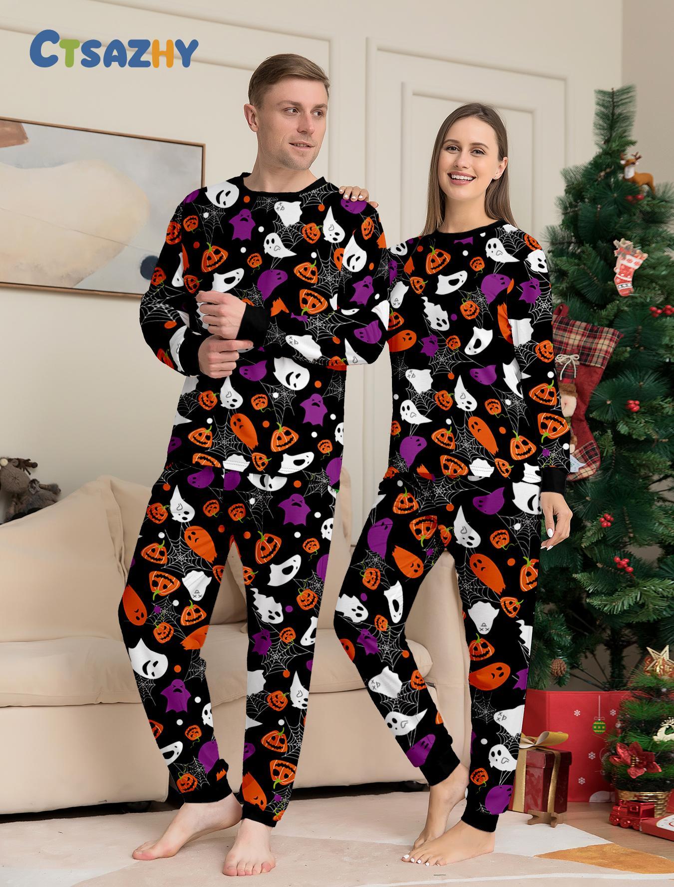 Halloween Pumpkin Ghost Family Pajamas, Fun Print, Party Home Photos, All Sizes Available, Slim-Fitting Casual Pajama Set