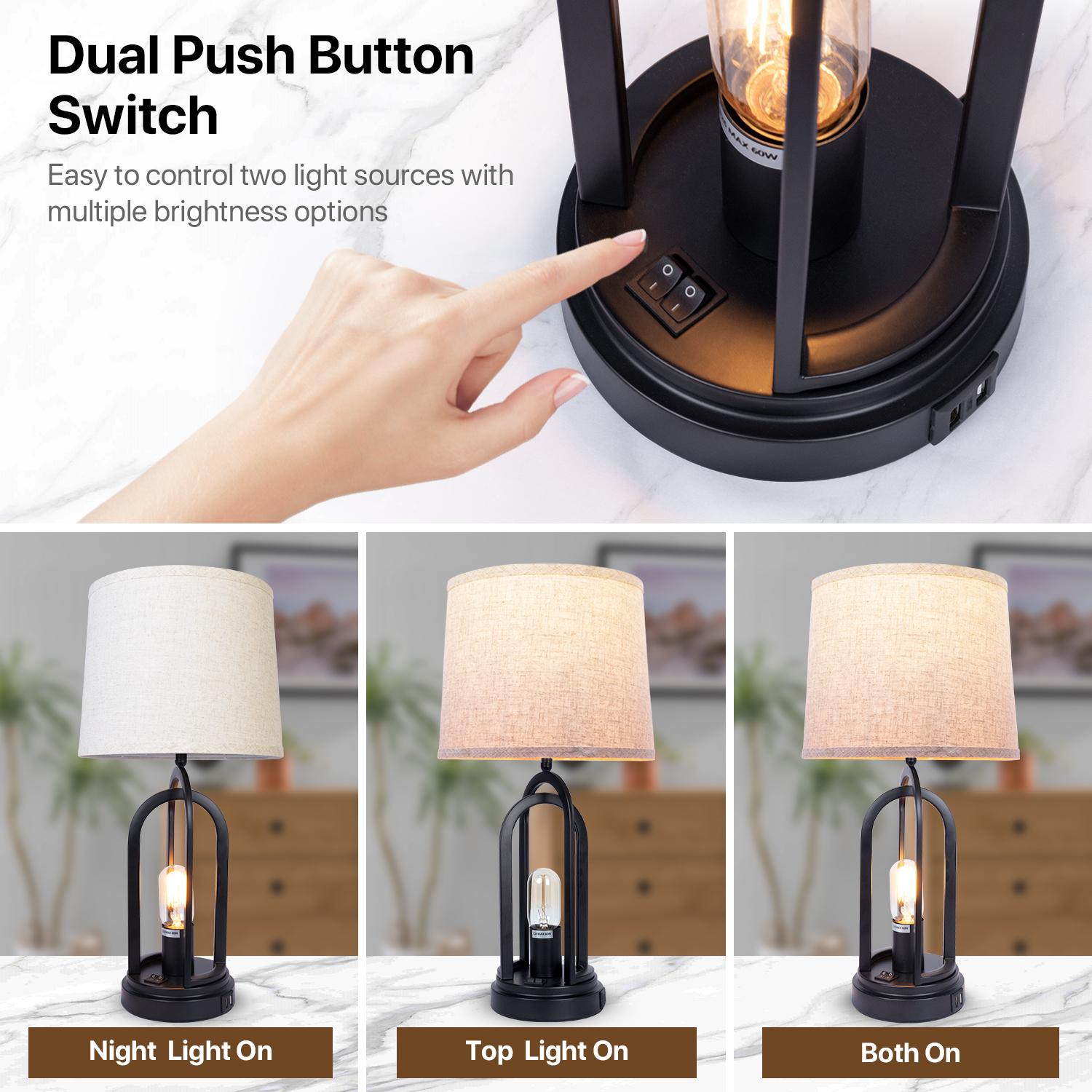 GALENTAL Bedside Lamps For Bedroom, Table Lamps Set Of 2 with USB Ports, Side Table Lamp For Living Room, Nightstand Lamp Lamp With Button Control, Rustic Fabric Shade, Unique Base Design for Bedroom, Living Room, Reading, Desk