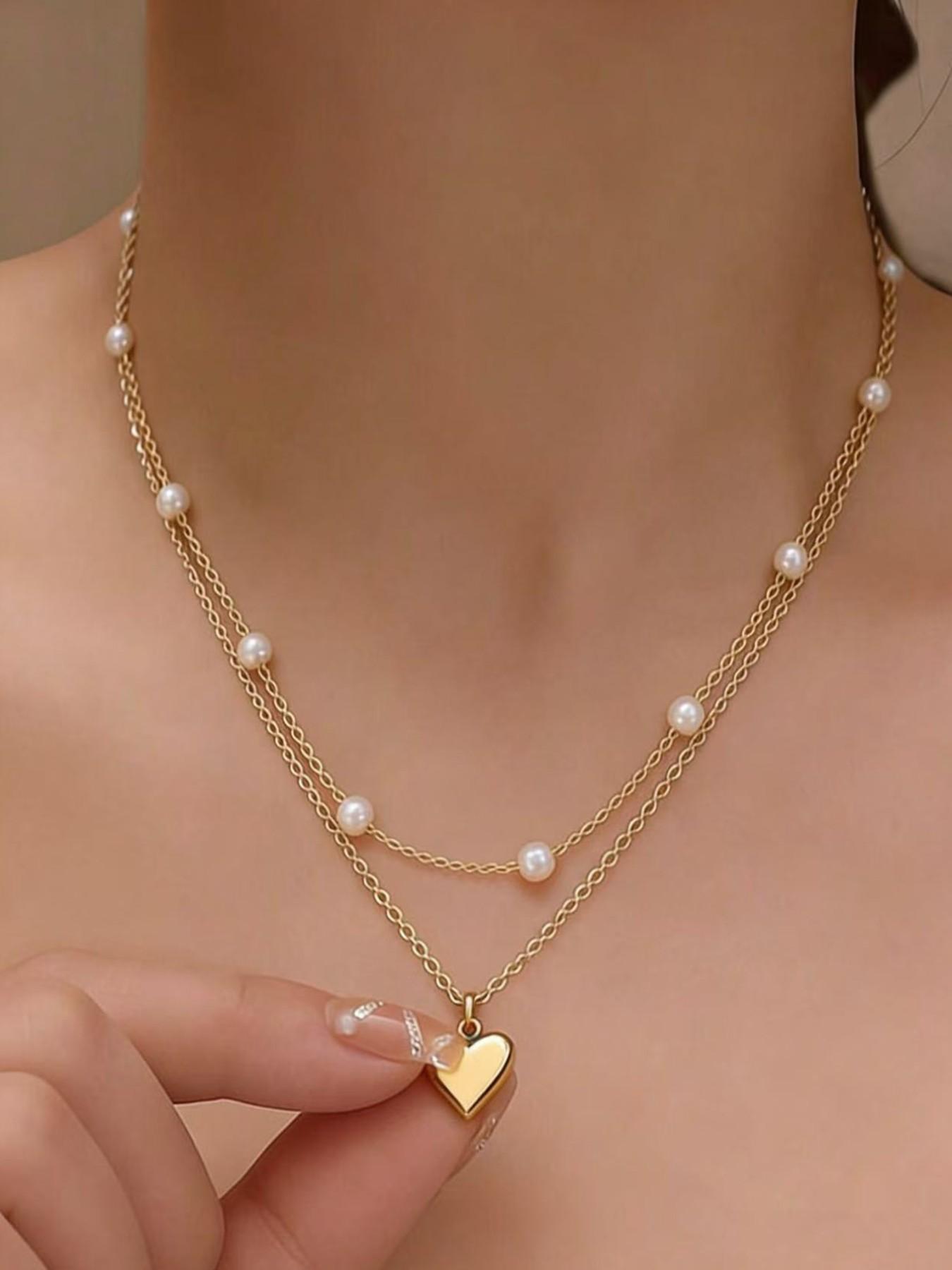 Women's Heart Pendant Necklace & Bracelet Set, Dainty Layered Chain with Pearl Beads, Elegant Romantic Jewelry Gift