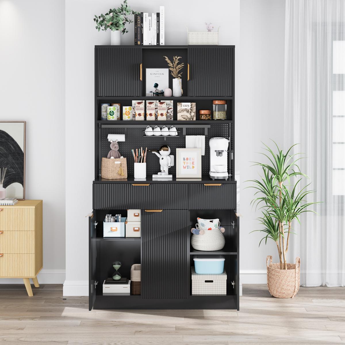 Aobtkel 73" Rectangular MDF Wood Fluted Texture Kitchen Pantry Cabinet - Single Unit with Storage, Charging Hub Station, DIY Pegboard Includes Kits, Anti-Tip Base for Living Room Microwave Stand Hutch, Black, Pantry Organization Aobtkel 73" Rectangular MDF Wood Fluted Texture Kitchen Pantry Cabinet - Single Unit with Storage, Charging Hub Station, DIY Pegboard Includes Kits, Anti-Tip Base for Living Room Microwave Stand Hutch, Black, Pantry Organization