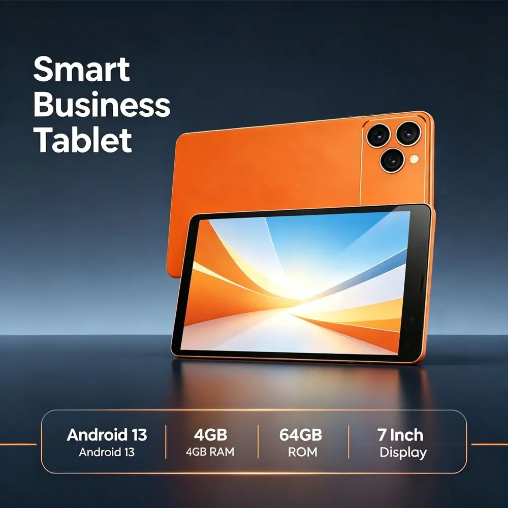 7 Inch Smart Business Tablet PC, Android 13 Operating System, 4GB RAM 64GB ROM Storage, HD 1280×800 Screen, Lightweight Orange Alloy Casing Portable Tablet for Office Reading Gaming Daily Use