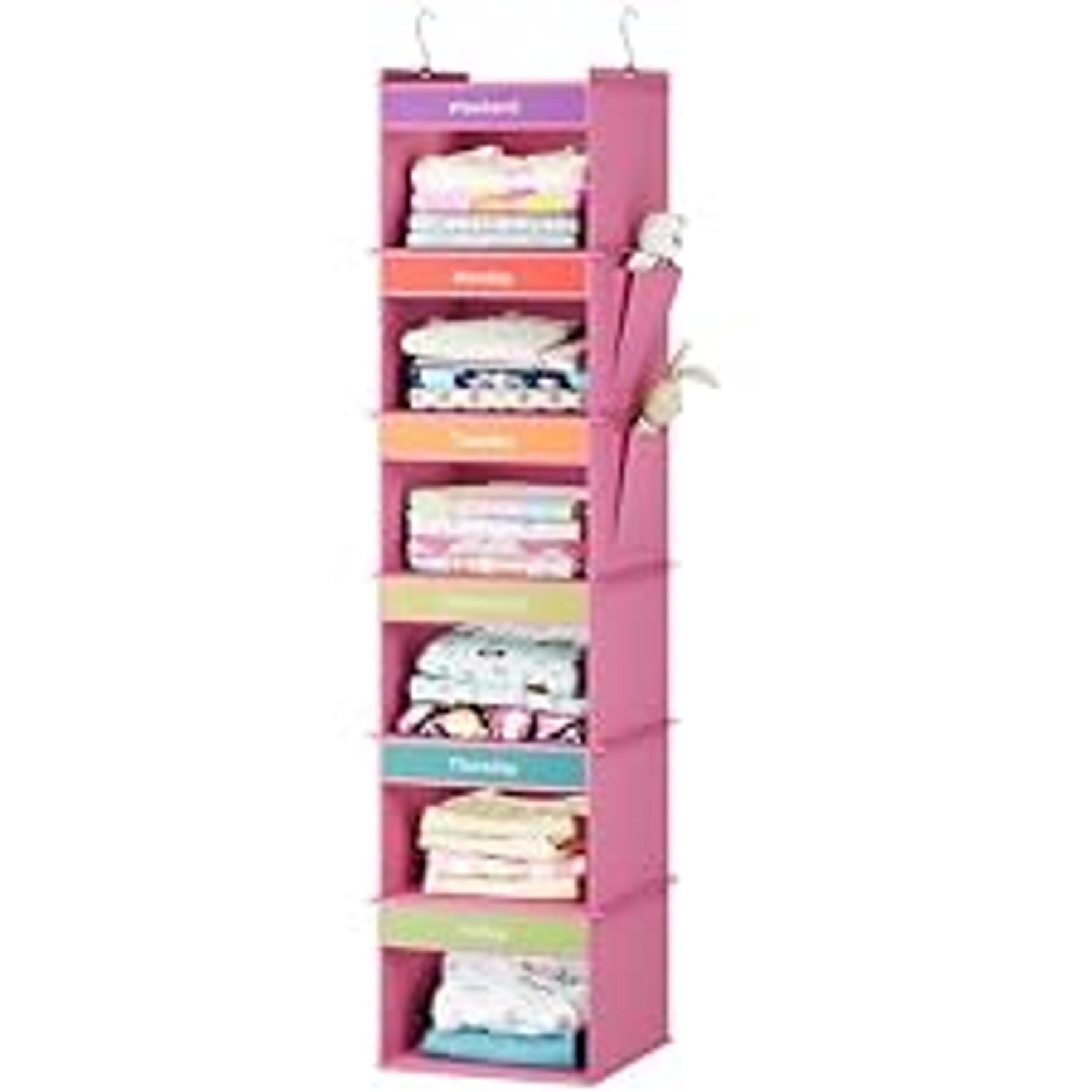 Colorful Bamboo 6-Shelf Weekly Hanging Closet Rack with Insert Hooks & 2 Side Pockets, Pink Kids’ Clothes Organizer