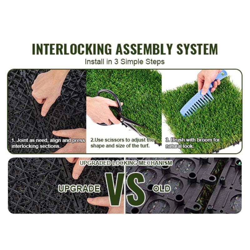 VEVOR Artifical Grass Tiles Interlocking Turf Deck Set, 18 Pack - 12x12, Synthetic Fake Grass Self-draining Mat Flooring Decor Pad, Perfect For Multi-Purpose Indoor Outdoor Entryway Scraper Dog Mats