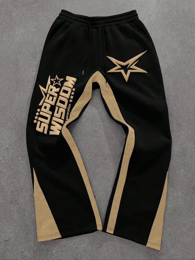 Men's Colorblock Letter & Star Print Sweatpants, Casual Comfy Straight-leg Pants for Daily Wear, Men's Trousers for All Seasons, Athleisure Style Bottoms