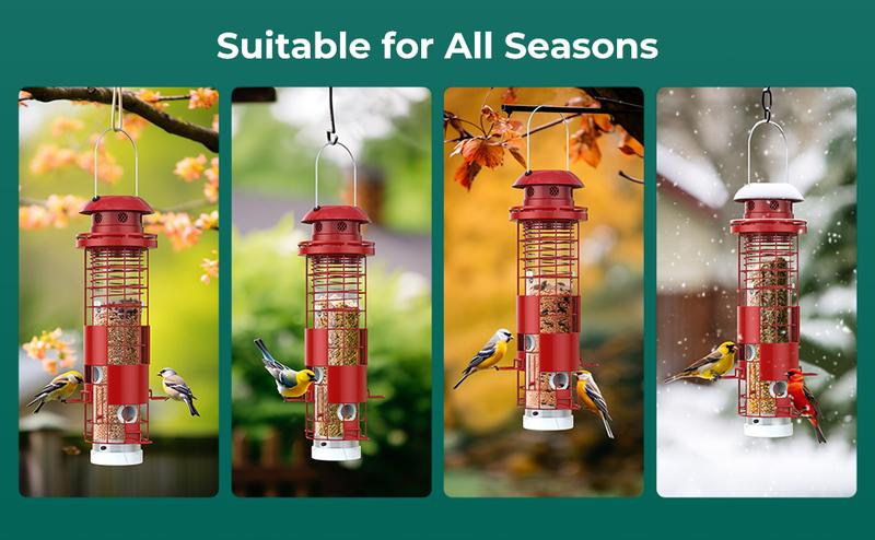 Squirrel Proof Bird Feeder for Outdoor Hanging, Metal Mesh Bird Seed Feeders with Weight-Activated Perches, 3LBs Large Capacity Wild Birdfeeder for Outside, Suitable for Small Medium Birds, Red