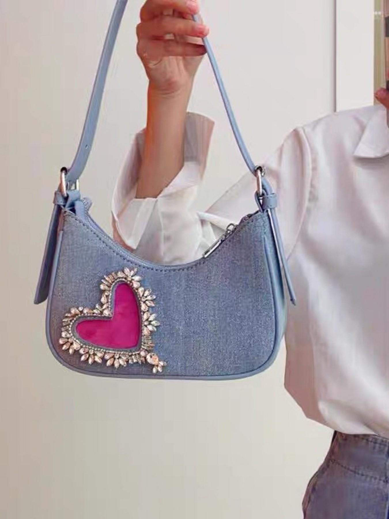 Women's Denim Fringe Heart Underarm Bag, New French Style Design, High-End Rhinestone Shoulder Bag, Trendy Fashion Accessory
