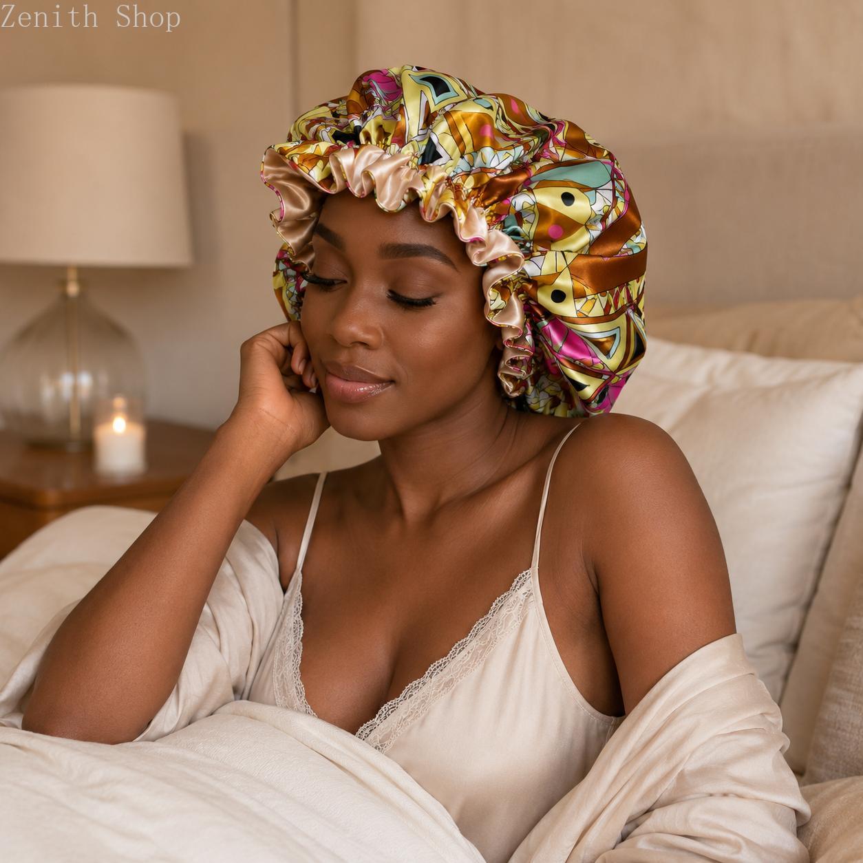 Double‑Layer Floral Print Sleep Bonnet, Lightweight Polyester Hair Protection Cap for Home Travel